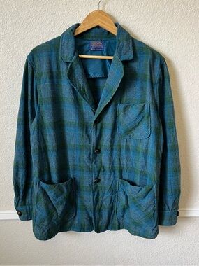 PENDLETON Vintage 60’s Virgin Wool Topster Blazer Jacket Mens M Turquoise Plaid